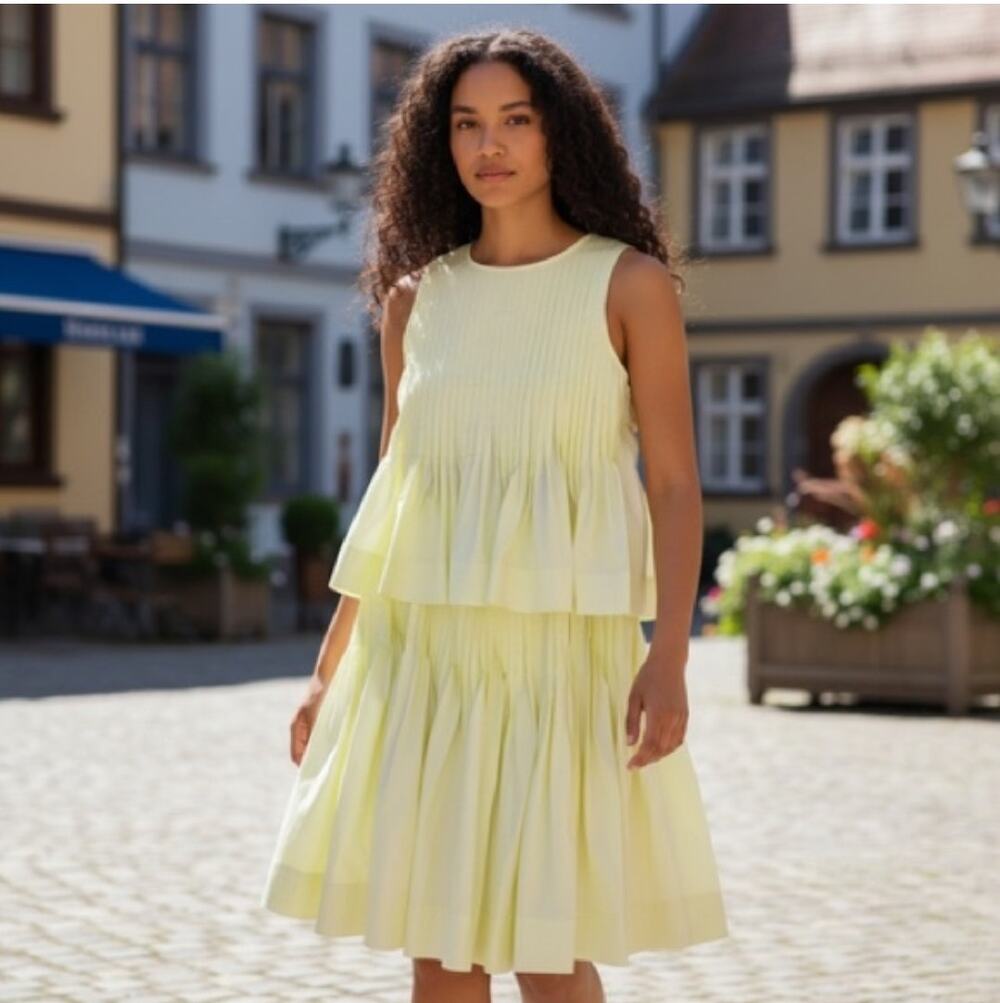 Free Assembly Butter Yellow Cotton Pintuck Pleated Midi Skirt Size L Boho NWT